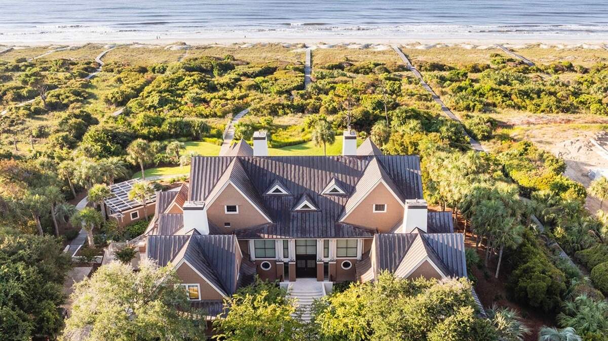 An aerial shot of a $21 million home for sale at 133 Flyway Dr. on Kiawah Island.
