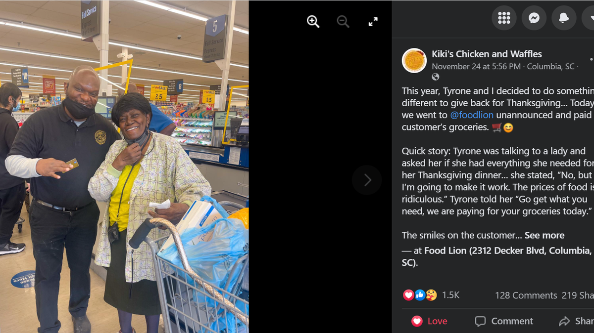Columbia restaurant owners Kiki and Tyrone Cyrus surprised Food Lion customers by paying for their groceries the day before Thanksgiving. They shared their story on Facebook.