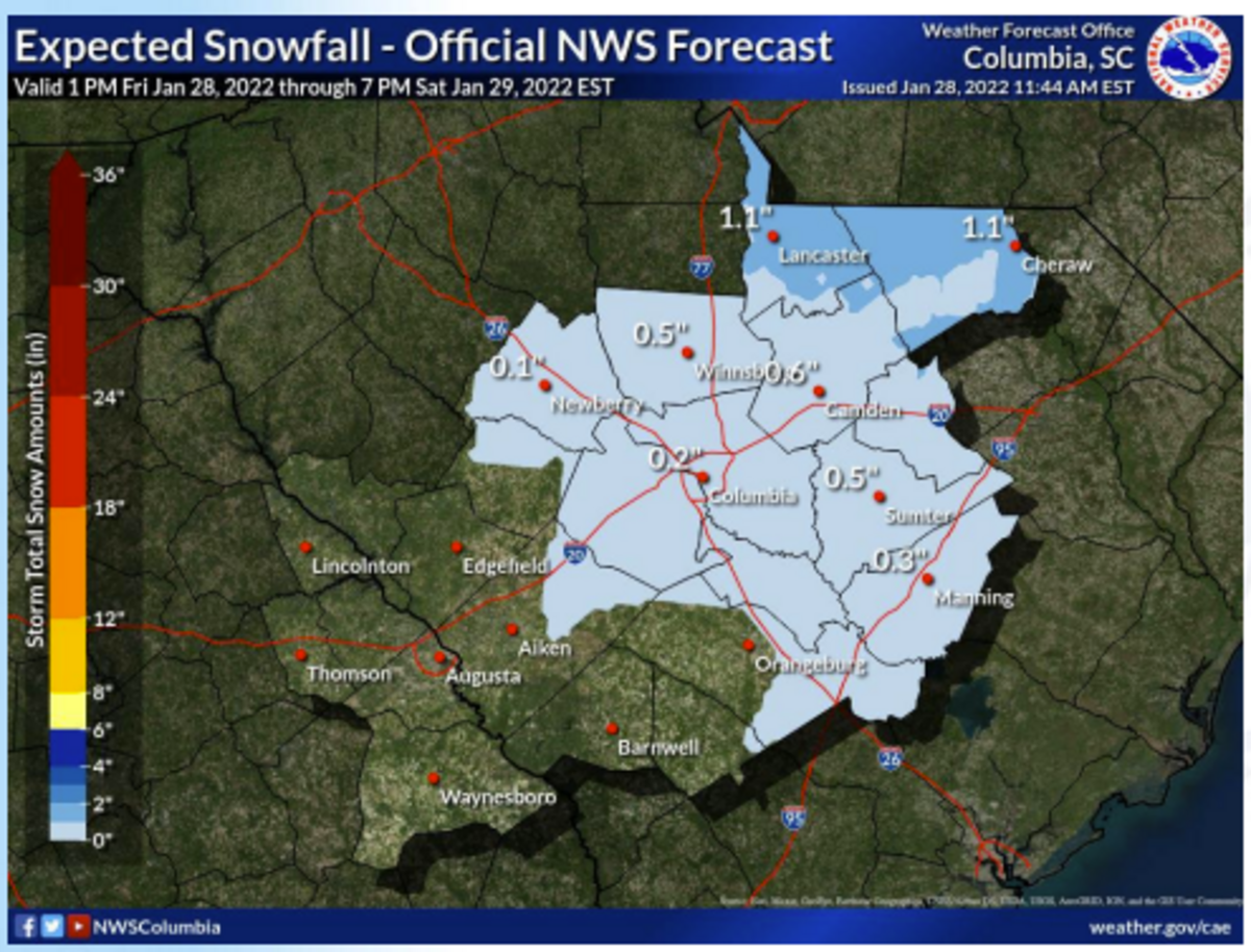Up to an inch of snow is expected in the Northern Midlands Friday night into Saturday. Columbia is expected to see flurries overnight, but accumulation is unlikely.