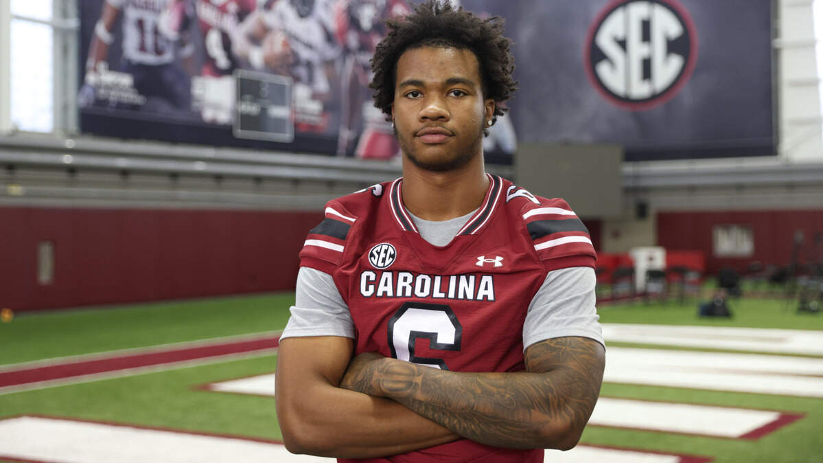 South Carolina edge Dylan Stewart (6) is seen during media day in Columbia on Thursday, August 1, 2024.