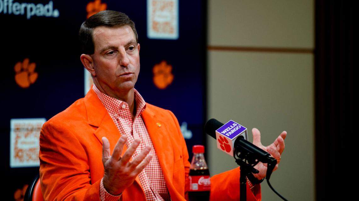 Clemson football coach Dabo Swinney at his early signing day news conference discussing the team’s recruiting class of 2024 on Wednesday, Dec. 20, 2023.