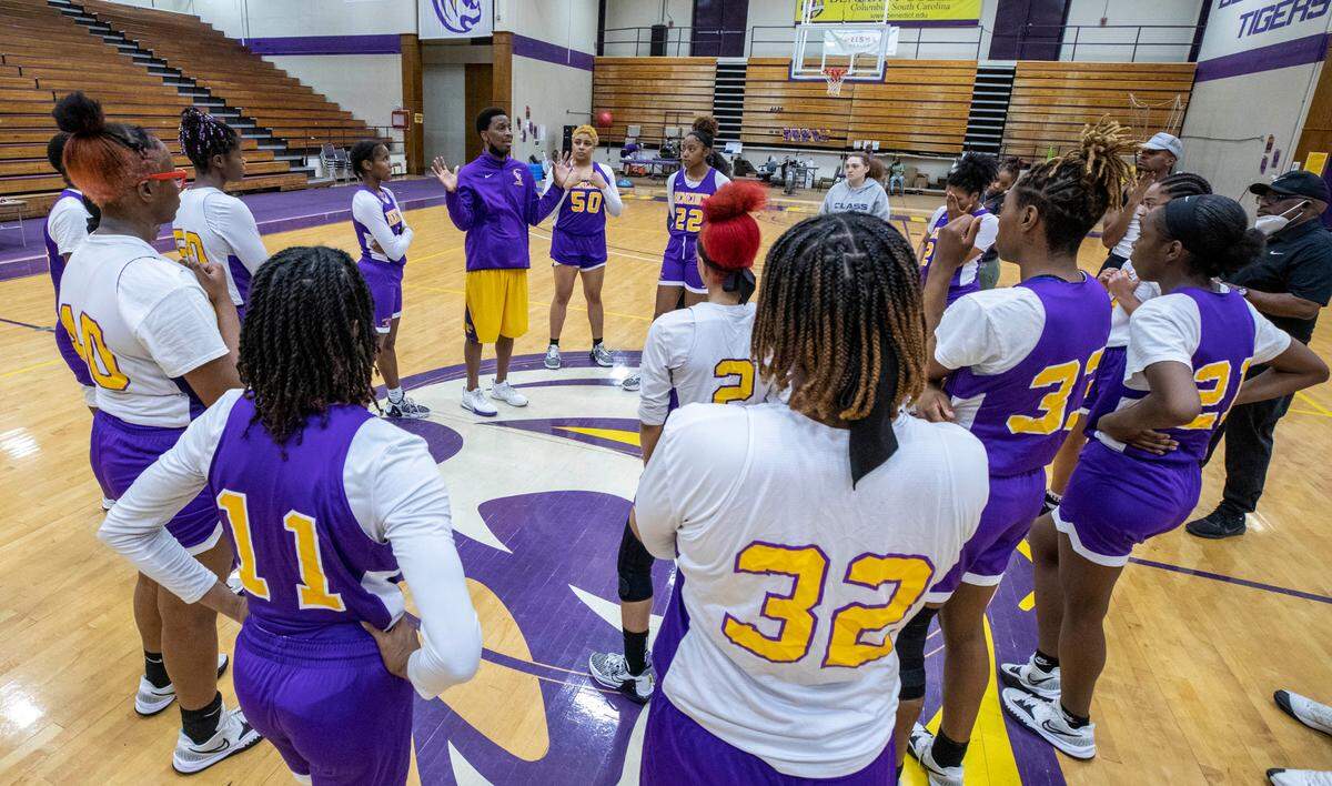 Benedict College Women’s Basketball head coach James Rice talks to his team during practice. The team is headed to the Division II playoffs.