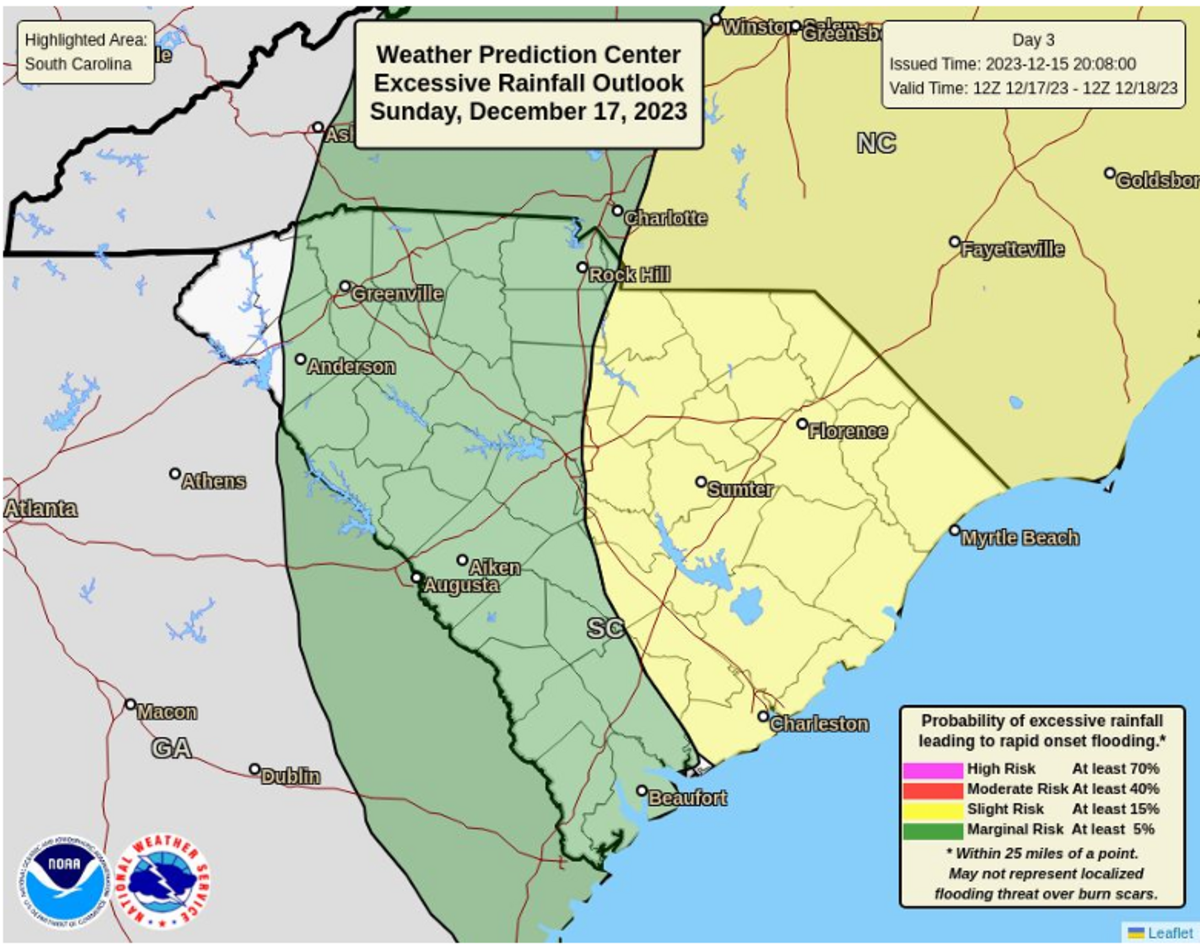 The National Weather Service has announced a hazardous weather forecast due to heavy rains and high winds for the Midlands of South Carolina and parts of eastern Georgia for the weekend of Dec. 16 and 17.