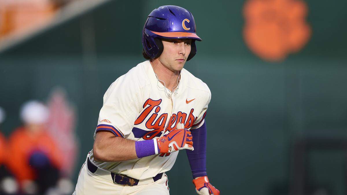 Clemson’s Bryce Teodosio runs to first base during an NCAA college baseball game, Wednesday, March 13, 2019, in Clemson, S.C. (AP Photo/Richard Shiro)