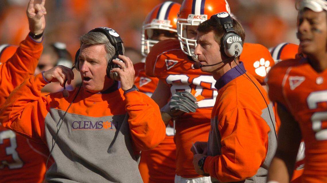 From Nov. 4, 2006: Clemson head coach Tommy Bowden talks with receivers coach Dabo Swinney during the fourth in a 13-12 loss to Maryland at at Memorial Stadium in Clemson.
