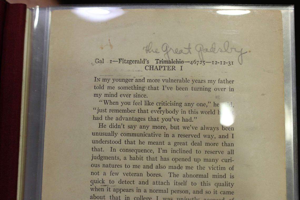 One of the displays at University of South Carolina’s exhibit celebrating the 100th anniversary of the publication of F. Scott Fitzgerald’s “The Great Gatsby.”