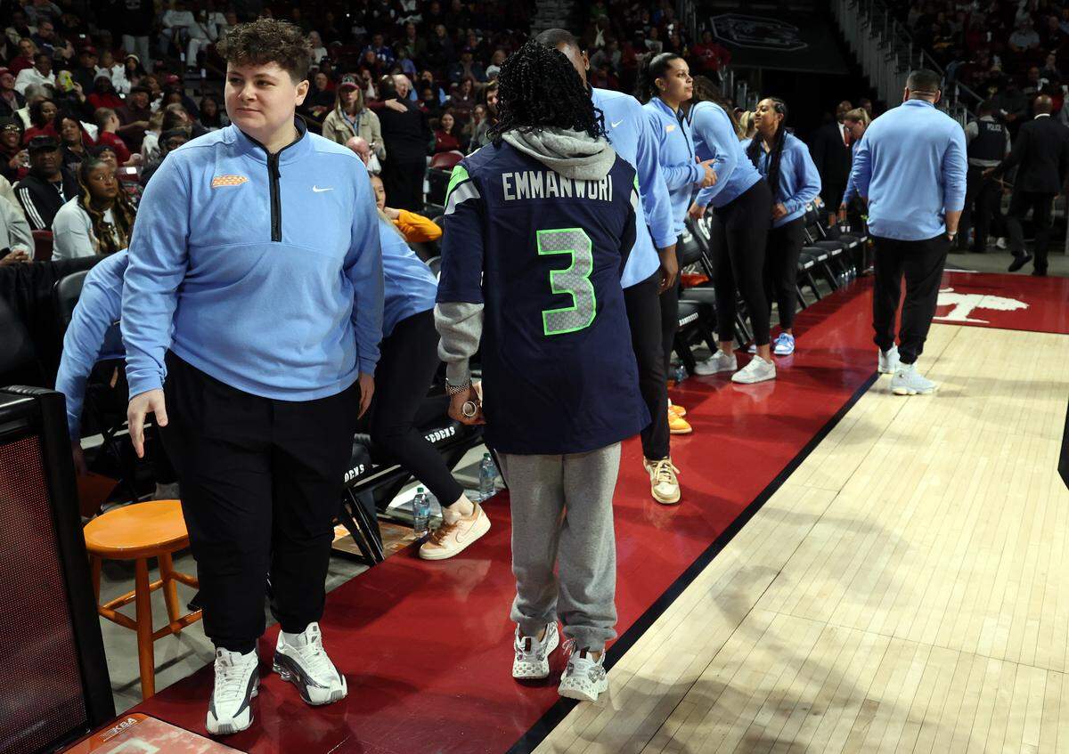 South Carolina women’s basketball coach Dawn Staley sports a Nick Emmanwori Seattle Seahawks jersey on Sunday before the Super Bowl and before the Gamecocks’ game against Tennessee at Colonial Life Arena.