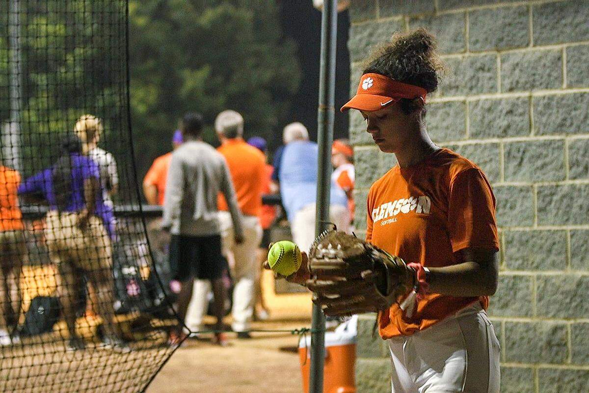 Logan Caymol (34), pitcher of Clemson softball, practices during the scrimmage against Erskine College at Southern Wesleyan Varsity Field on Wednesday, Oct. 2, 2019.