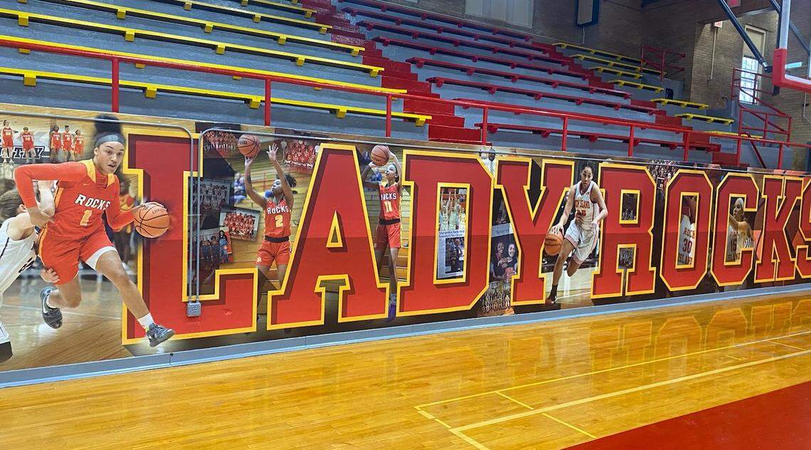 South Carolina women’s basketball player Brea Beal pictured on a mural at her high school in Rock Island, Illinois.