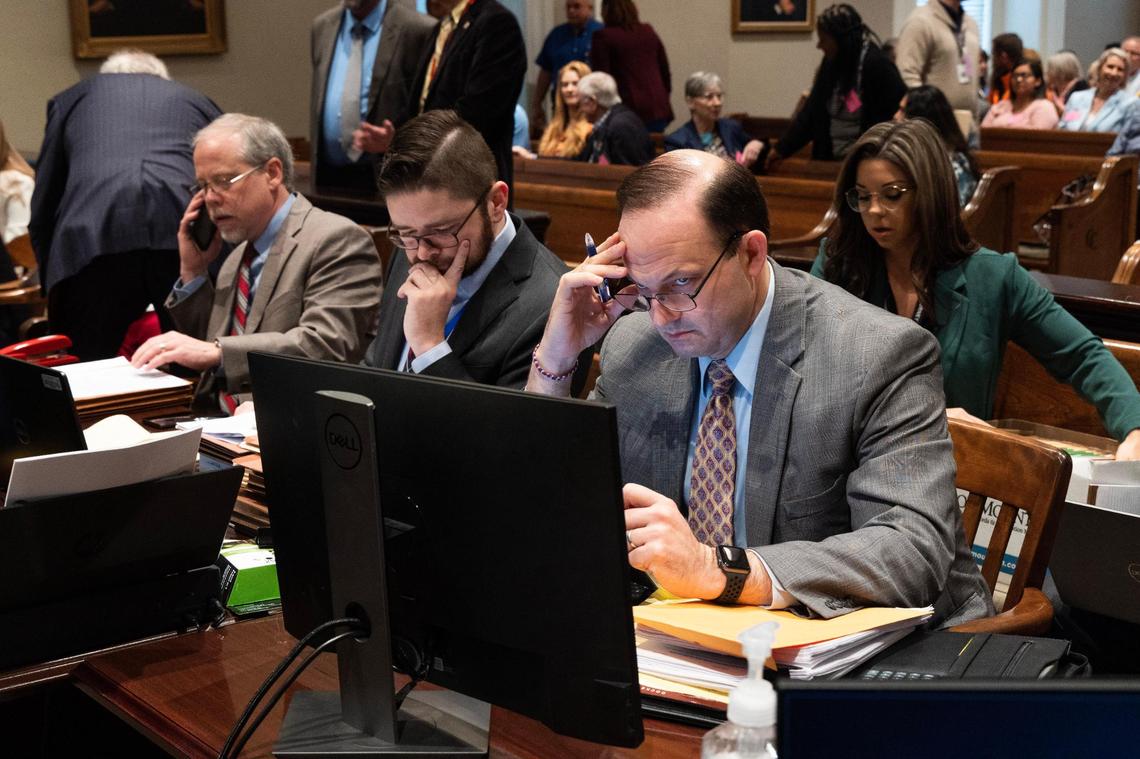 South Carolina Attorney General Alan Wilson and the prosecution prepare for another day of Alex Murdaugh’s trial for murder at the Colleton County Courthouse on Thursday, February 2, 2023. Joshua Boucher/The State/Pool
