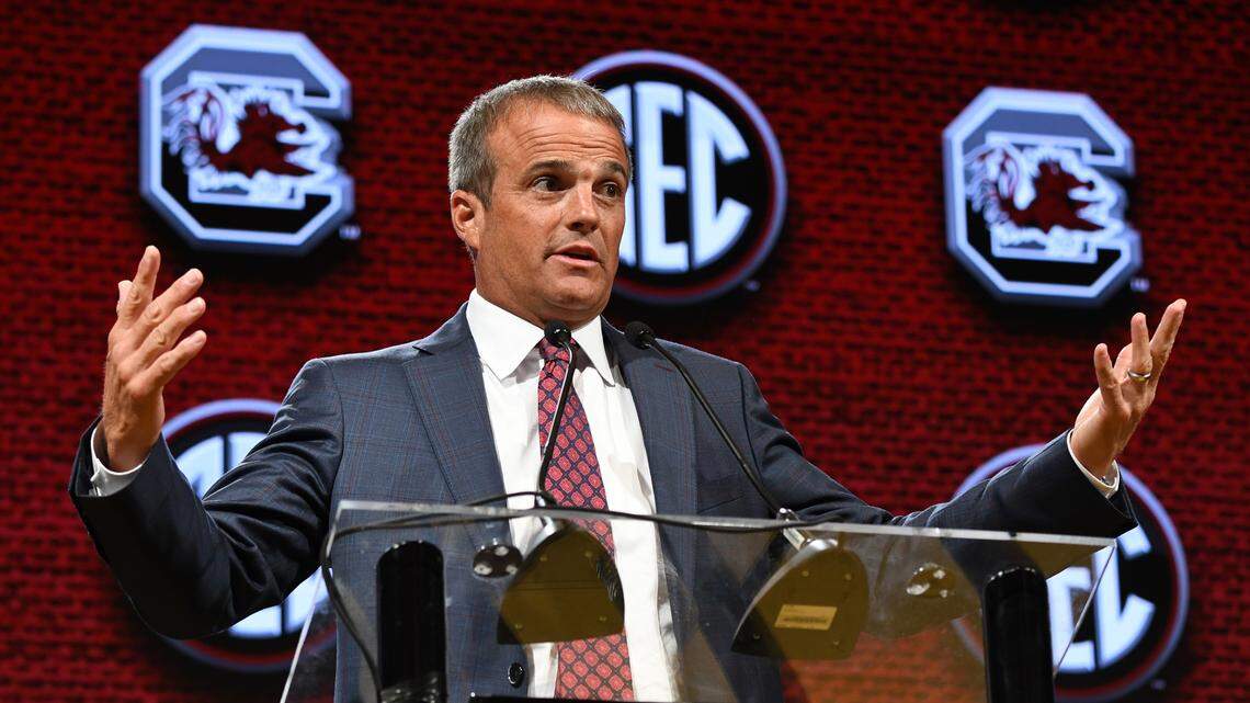 South Carolina Gamecocks head coach Shane Beamer speaks to the media Thursday during 2023 SEC Media Days at the Grand Hyatt.