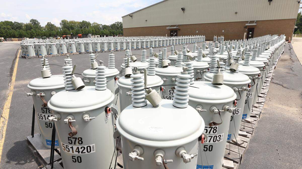 Pallets of items including cable, wire, poles and transformers are stored at the Dominion central distribution facility in Columbia. The items are on hand for daily needs and stored in sufficient quantities to supply outlying distribution centers in the state during emergencies.