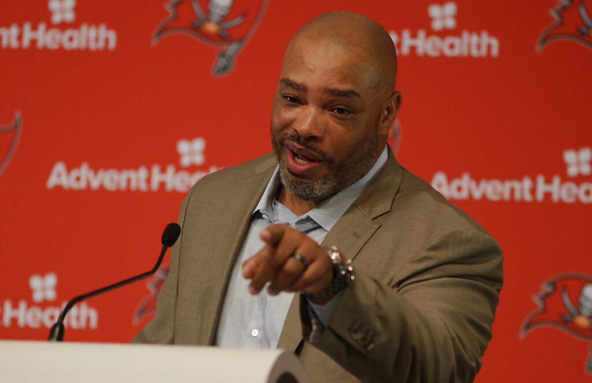 Tampa Bay Buccaneers assistant head coach and run game coordinator Harold Goodwin during a news conference Friday, Jan. 11, 2019, in Tampa, Fla.