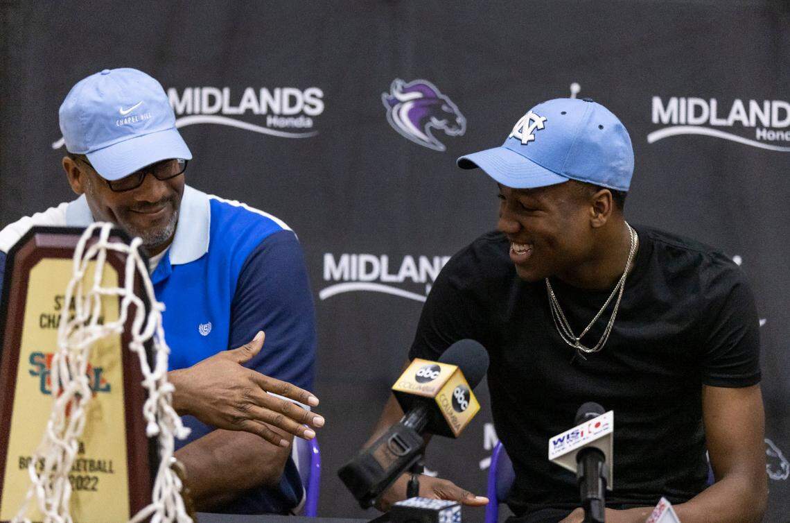 Five-star basketball player GG Jackson, who announced his decision to attend the University of North Carolina, laughs with his father greg on Wednesday, April 27, 2022, in Columbia.