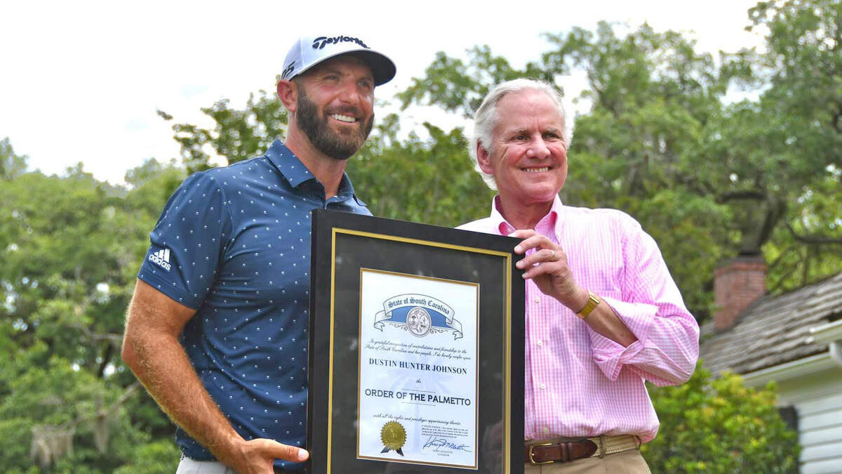 Dustin Johnson’s on-course accomplishments and off-course community service were recognized after his round Thursday in the Palmetto Championship at Congaree. S.C. Gov. Henry McMaster presented Johnson with the Order of the Palmetto, South Carolina’s highest civilian honor.