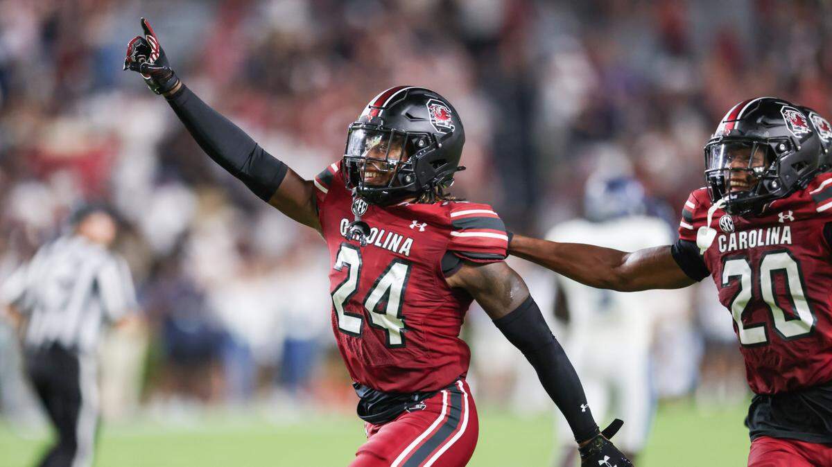 South Carolina defensive back Jalon Kilgore (24) celebrates after making an interception during the second half of the Gamecocks’ season opener against Old Dominion in Columbia on Saturday, August 31, 2024.