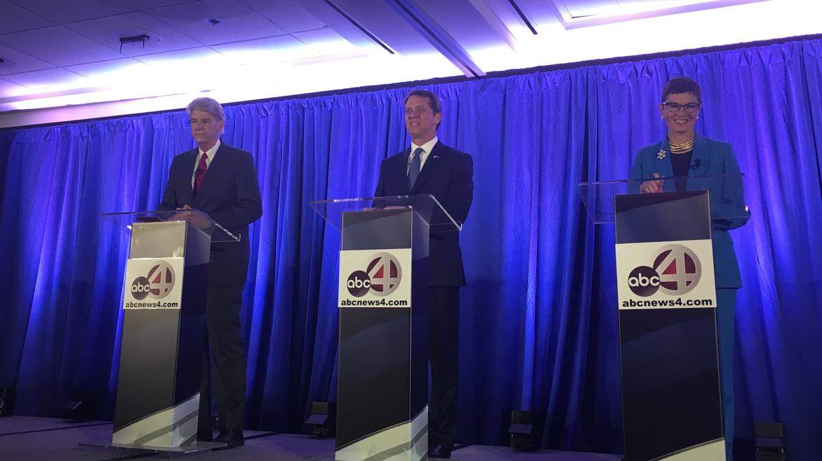 The three Democratic candidates for S.C. governor squared off in a debate May 15, 2018, at the College of Charleston. Pictured from left is Charleston businessman Phil Noble, state Rep. James Smith, D-Richland, and Florence attorney Marguerite Willis.