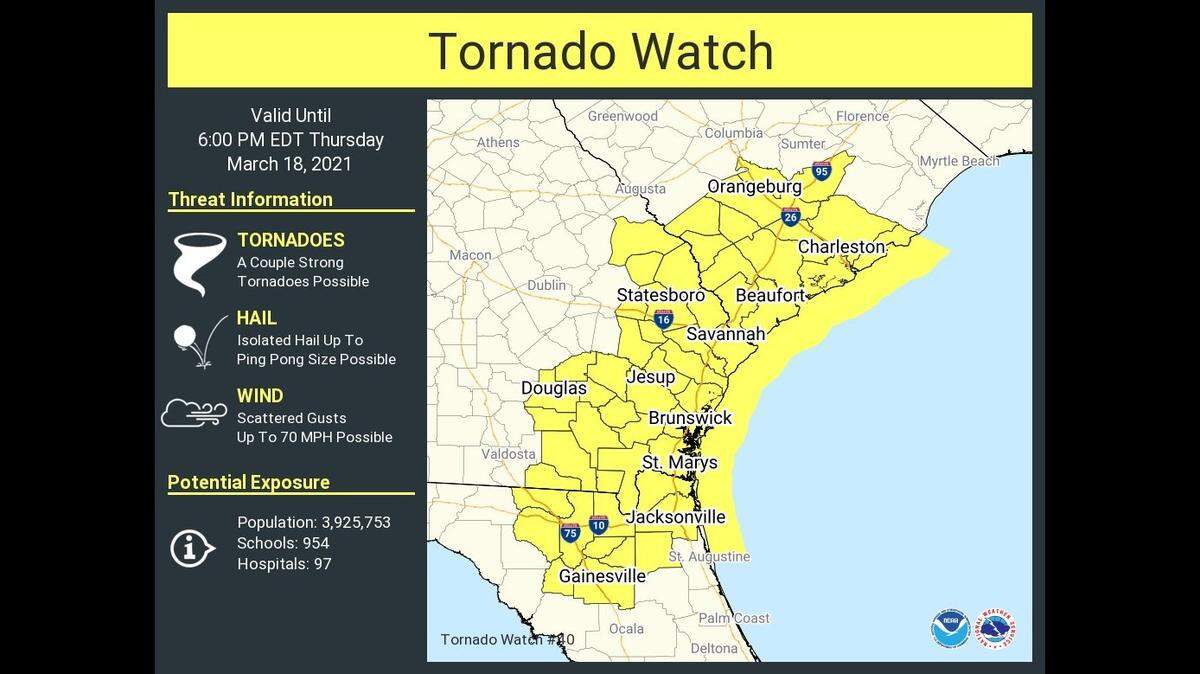 The National Weather Service issued a tornado watch for the extreme southeastern part of the state’s coast just before noon, and predicted the severe weather would cross from Georgia into South Carolina around 2 p.m.