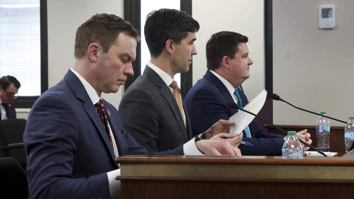 From left South Carolina Athletic Director Jeremiah Donati, Clemson Athletic Director Graham Neff, and Coastal Carolina Athletic Director Chance Miller participate in a meeting of the Senate Education Committee on Wednesday, Feb. 25, 2026.