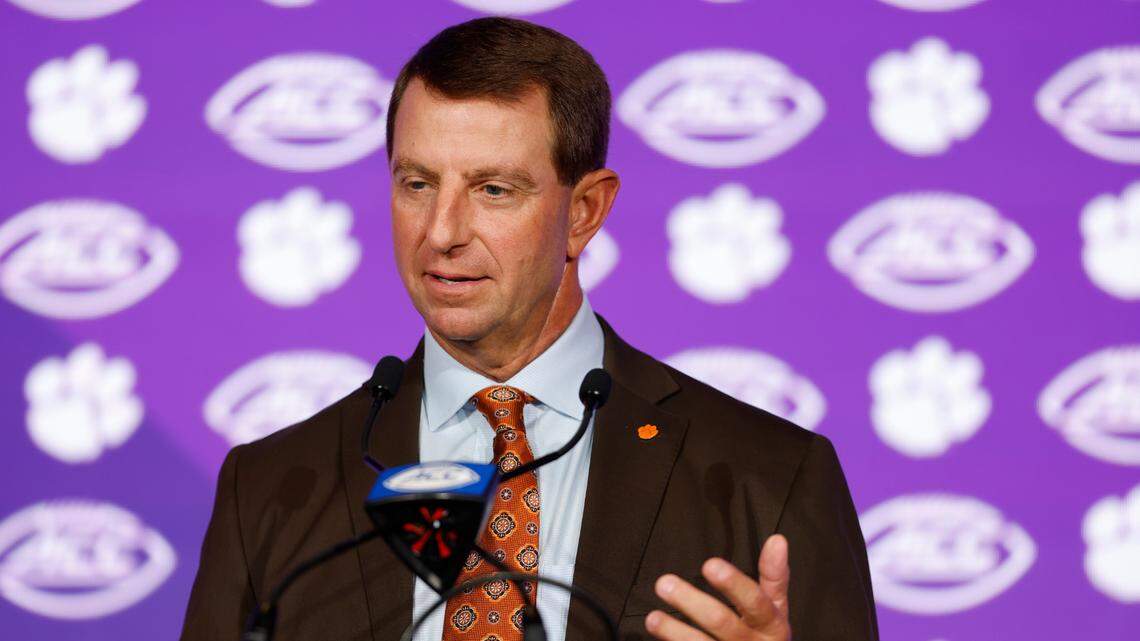 Clemson head coach Dabo Swinney speaks to the media at the 2025 ACC Kickoff in Charlotte, N.C., Thursday, July 24, 2025.