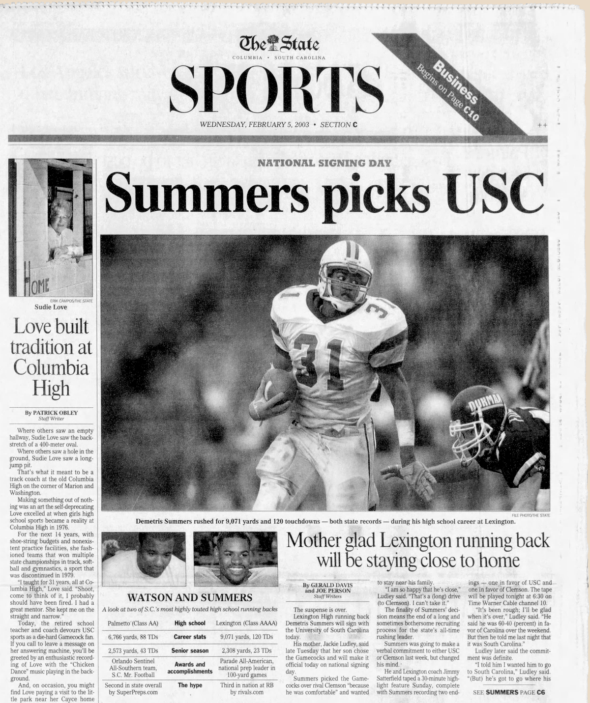 The State newspaper on National Signing Day in 2003, a day after Demetris Summers committed to playing for the University of South Carolina.