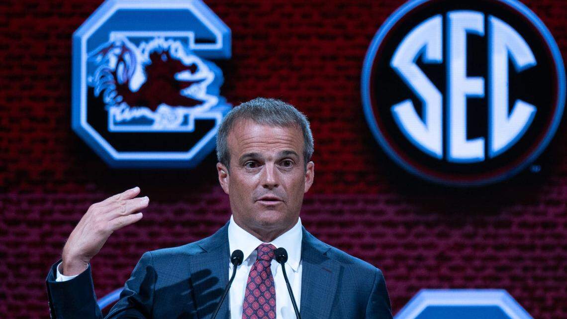 South Carolina Gamecocks head coach Shane Beamer speaks July 20, 2023 at SEC Media Days at the Grand Hyatt hotel in Nashville, Tennessee.