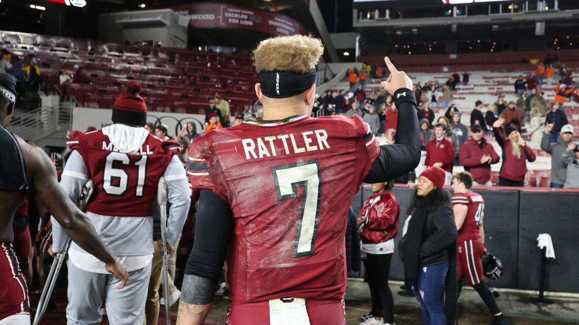 South Carolina quarterback Spencer Rattler (7) walks off the field following South Carolina’s game against Clemson at Williams-Brice Stadium in Columbia on Saturday, November 25, 2023.