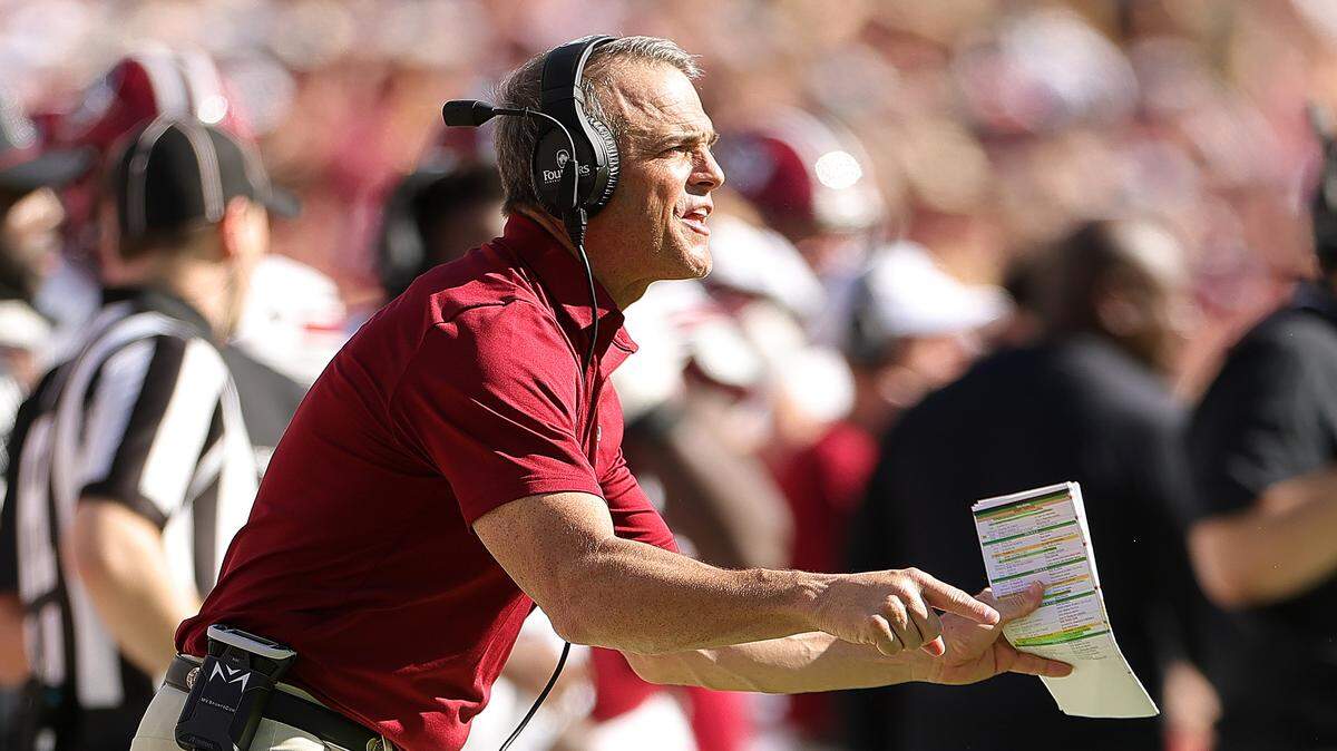 Head coach Shane Beamer of the South Carolina Gamecocks reacts during the fourth quarter at Kyle Field on November 15, 2025 in College Station, Texas. The Texas A&M Aggies won 31-30.