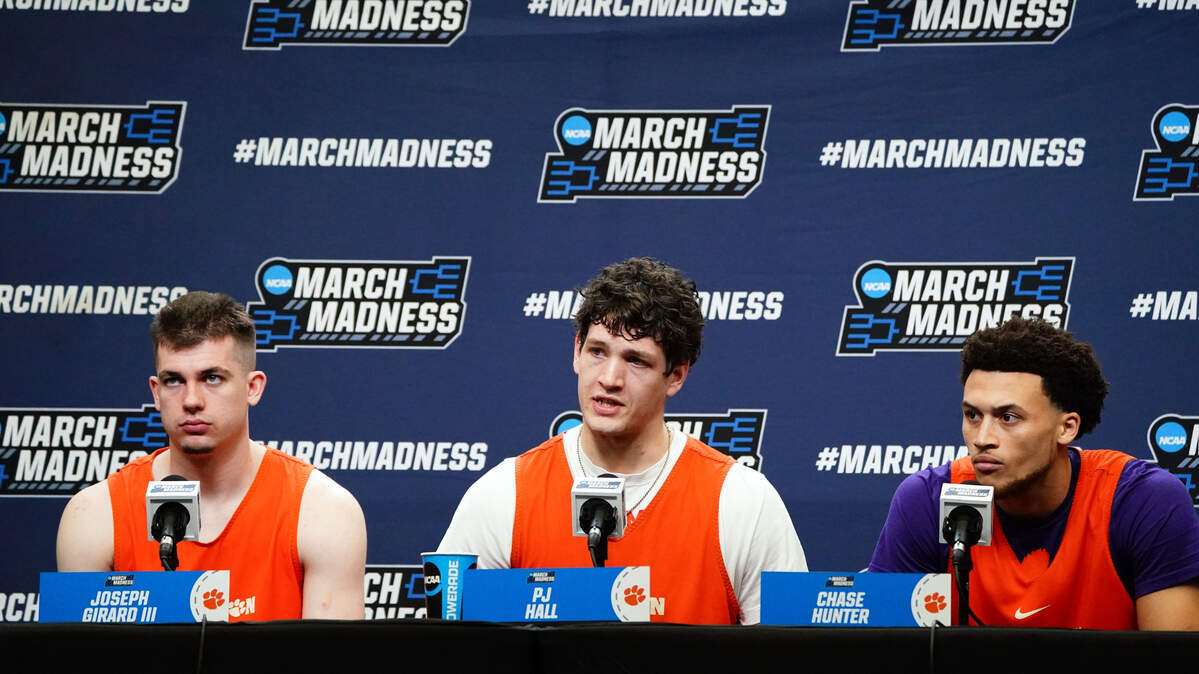 Mar 21, 2024; Memphis, TN, USA; Clemson Tigers guard Joseph Girard III (11) , center PJ Hall (24) and guard Dillon Hunter (2) speak with the media during a press conference for the First and Second rounds of the 2024 NCAA Mens Basketball Championship at FedExForum.
