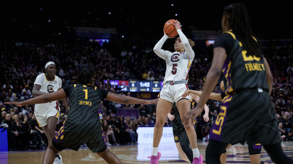 South Carolina guard Tessa Johnson (5) shoots against LSU forward Amiya Joyner (1) during the second half of an NCAA basketball game Saturday, Feb. 14, 2026, at Pete Maravich Assembly Center in Baton Rouge, La.
