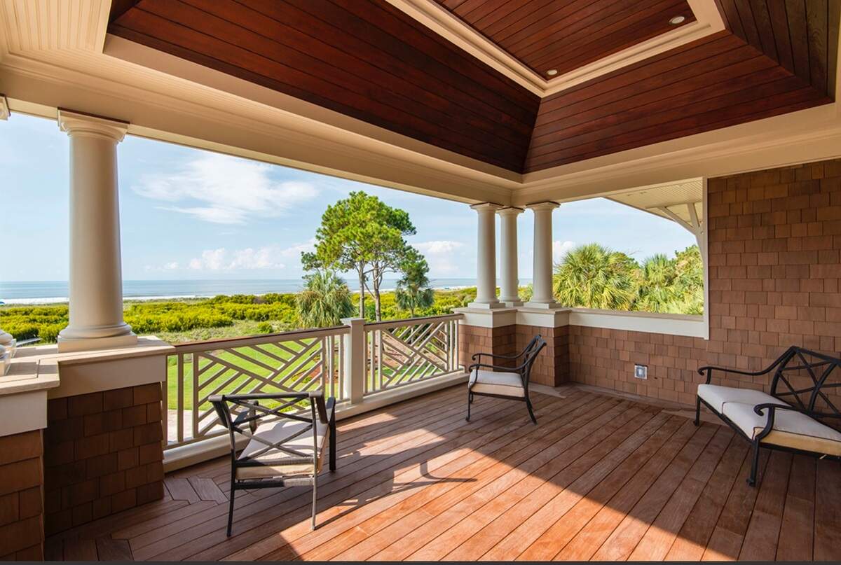 A balcony overlooking the Atlantic Ocean at a $21 million home for sale on Kiawah Island.