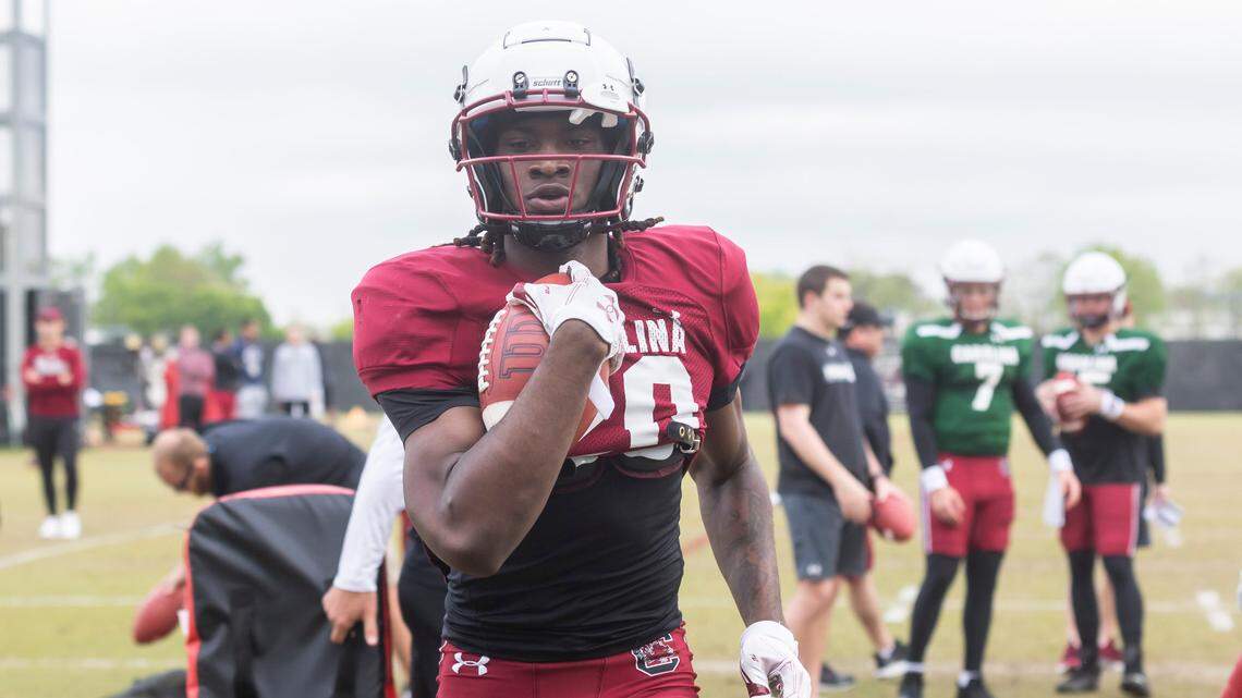 South Carolina wide receiver Kylic Horton (20) runs the ball during the Gamecocks’ practice in Columbia on Thursday, March 23, 2023.