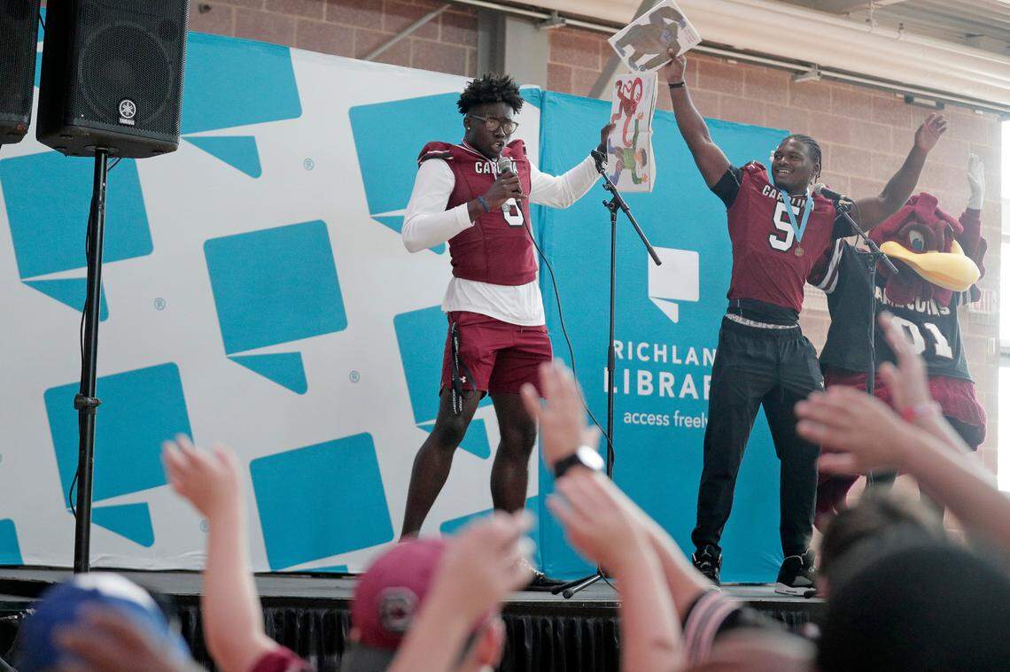 Nyck Harbor, Grayson “Pup” Howard and the University of South Carolina football team freshmen took part in the annual Pigskin Poets reading event Friday, July 21, 2023 at the Drew Wellness Center in Columbia.