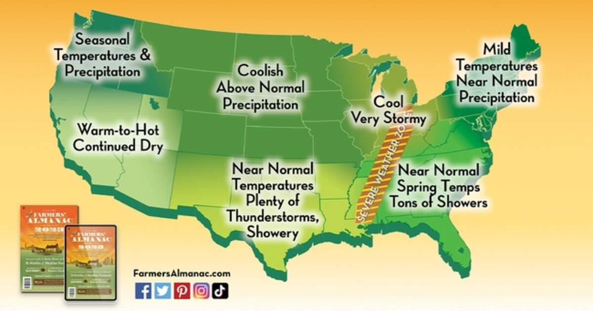 An image of 2023 spring weather predictions for the U.S. from the Farmer’s Almanac.