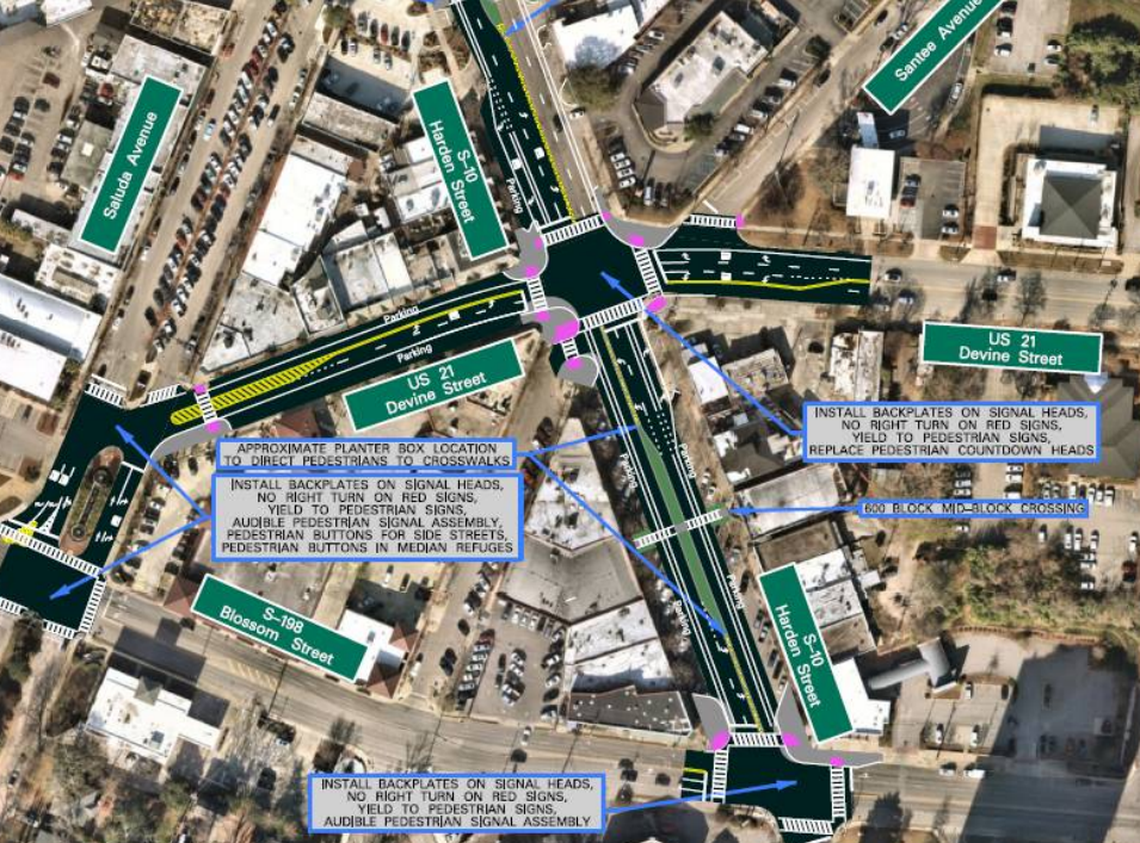 A map of proposed improvements to Harden Street included in an SCDOT presentation about the project. 