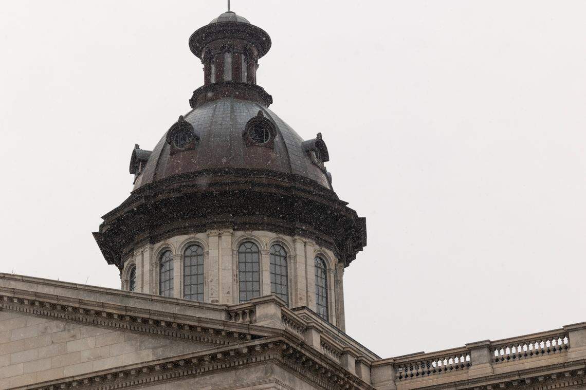 A look at the State House dome in Columbia as snow falls Tuesday.