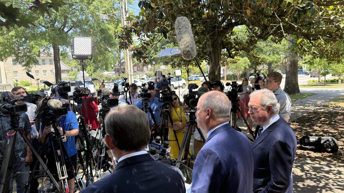 Alex Murdaugh defense attorneys Dick Harpootlian (from right), Jim Griffin and Phil Barber are quizzed by reporters in downtown Columbia, S.C., on Monday, May 18, 2026, about their client Alex Murdaugh.