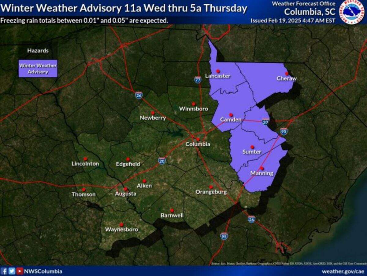 A winter weather advisory has been issued in parts of South Carolina.