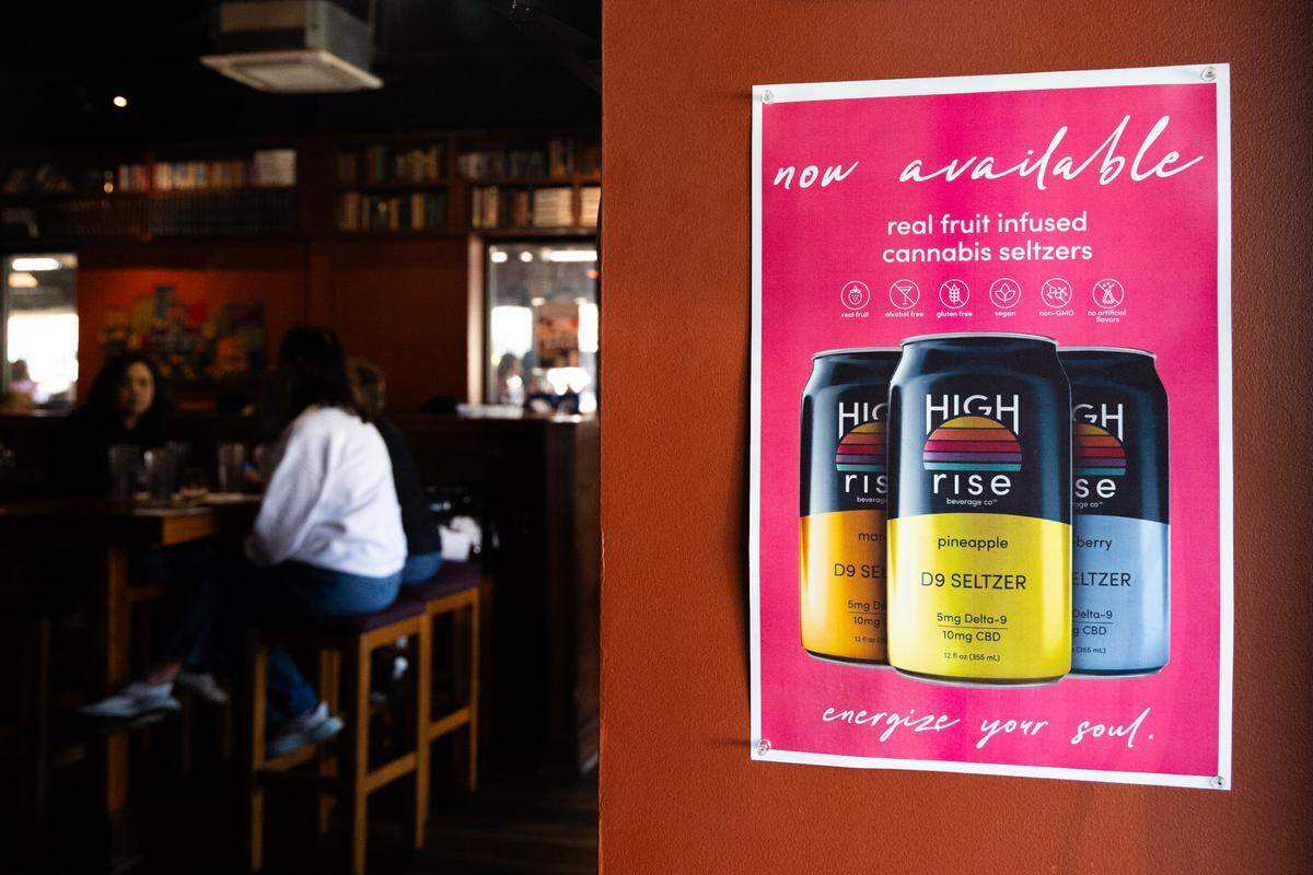 An advertisement for a Delta-9 seltzer that is for sale at Thirsty Fellow on Friday, March 21, 2025. Legal hemp plants, that are typically used for textiles and industrial materials, contain very small amounts of the psychoactive THC compounds, while the illegal version of the plant is selectively breed to create more. 
