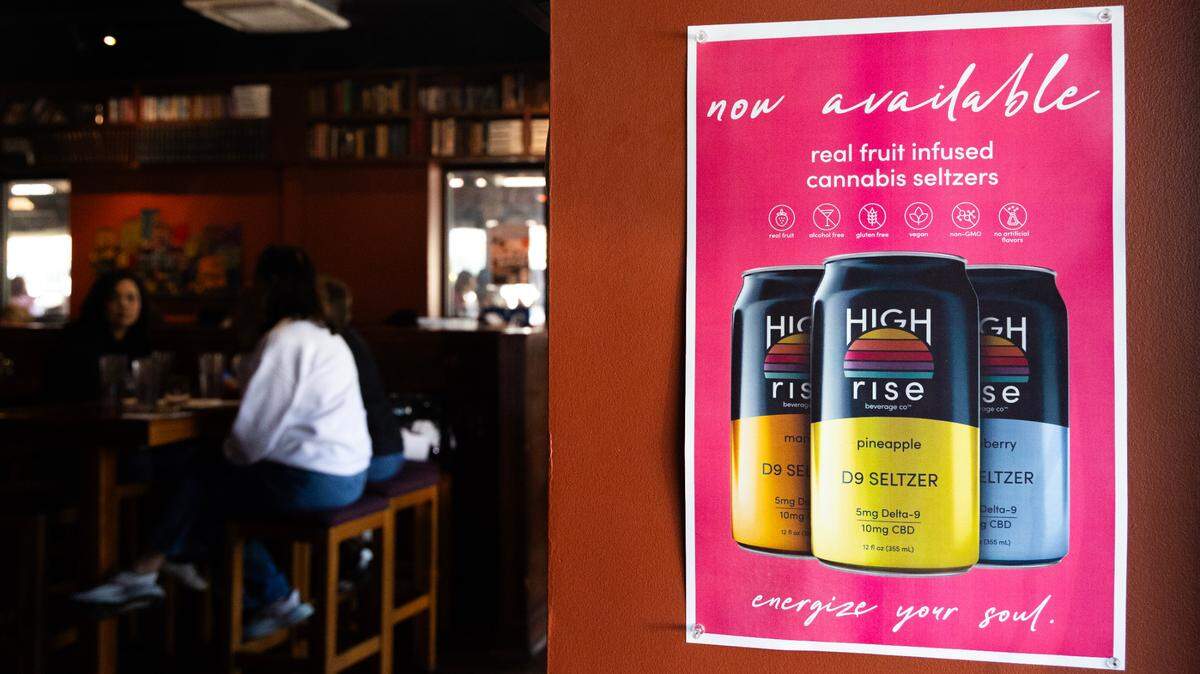 An advertisement for a Delta-9 seltzer that is for sale at Thirsty Fellow on Friday, March 21, 2025. Legal hemp plants, that are typically used for textiles and industrial materials, contain very small amounts of the psychoactive THC compounds, while the illegal version of the plant is selectively breed to create more. 