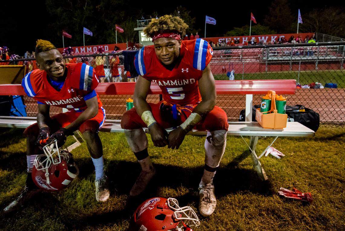 Hammond Skyhawks Jordan Burch (5) catches his breath after scoring a long touchdown during the quarter-final playoff game between Wilson Hall at Hammond.