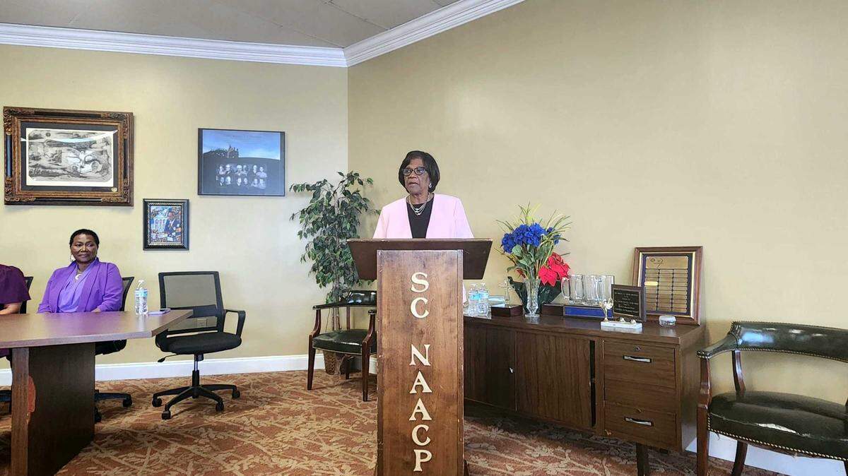 President Brenda Murphy of the South Carolina chapter of the NAACP speaks during a news conference, Monday, March 18, 2024, about claims of discrimination by the South Carolina Department of Mental Health.