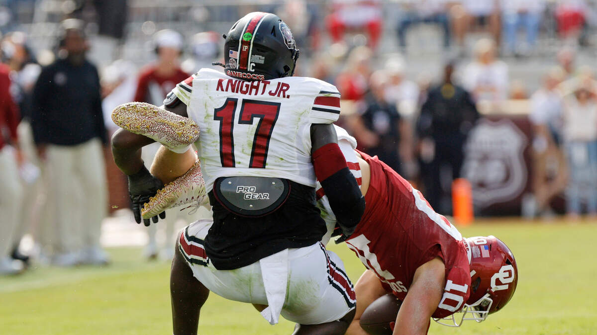South Carolina’s Demetrius Knight Jr. (17) tackles Oklahoma’s Bauer Sharp (10) in the second quarter, Saturday, Oct. 19, 2024, at Gaylord Family - Oklahoma Memorial Stadium in Norman, Okla.