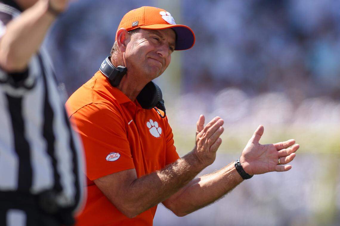 Clemson Tigers head coach Dabo Swinney on the sideline against the Georgia Tech Yellow Jackets in the first quarter at Bobby Dodd Stadium at Hyundai Field.