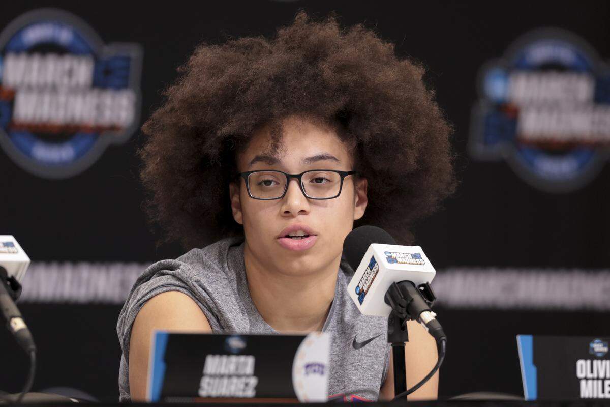 TCU’s Olivia Miles answers a question during a press conference at Golden 1 Arena on Sunday, March 29, 2026. TCU will face USC in the Elite Eight round of the NCAA Tournament.