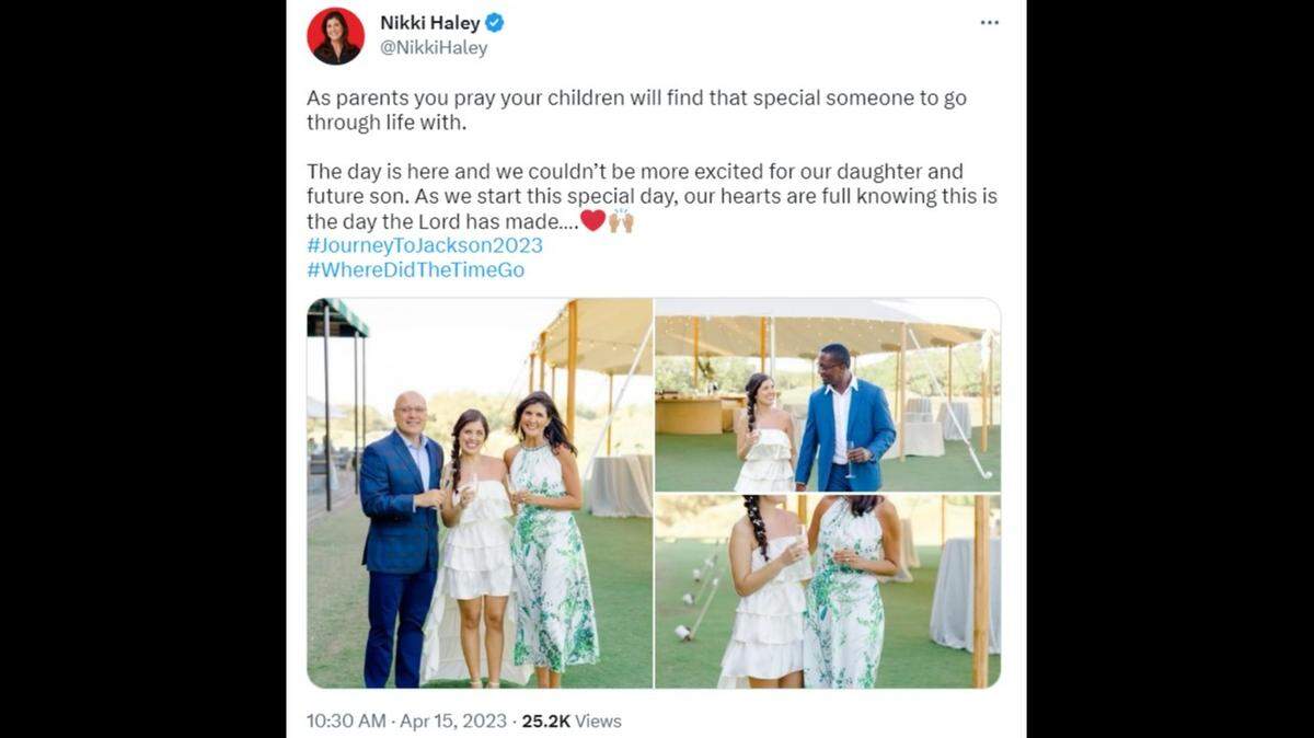 Former S.C. Gov. Nikki Haley celebrated her daughter, Rena, and her future son-in-law Joshua Jackson’s wedding in a tweet on April 15, 2023.