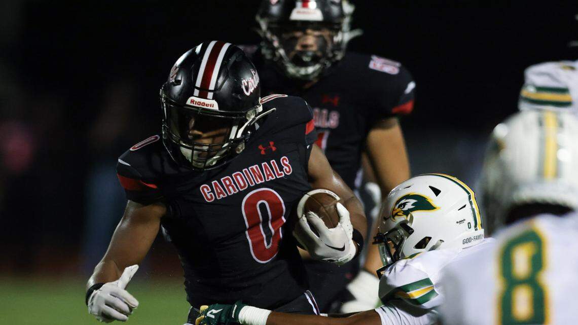 Caleb Ford (0) of Cardinal Newman carries the ball during Cardinal Newman’s game against visiting Ben Lippen in Columbia on Thursday, September 12, 2024.