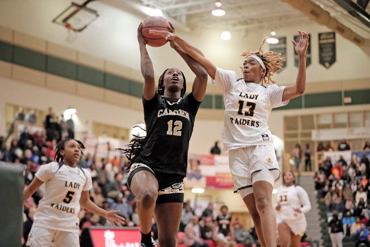 Camden’s Joyce Edwards drives for a layup against Keenan on Tuesday in their showcase game at the 2022 Chick-fil-A Classic, held at River Bluff High School.
