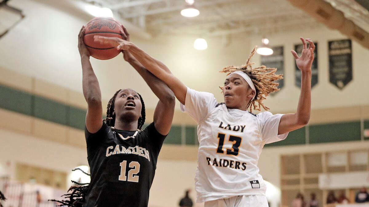 Camden’s Joyce Edwards drives for a layup against Keenan on Tuesday in their showcase game at the 2022 Chick-fil-A Classic, held at River Bluff High School.