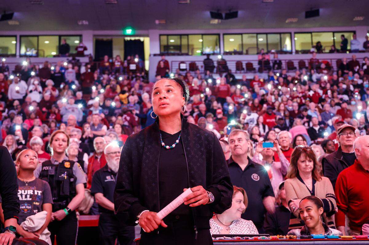 University of South Carolina Head Coach Dawn Staley watches team introductions before the Gamecocks play Alabama in the Colonial Life Arena on Thursday, Feb. 22, 2024
